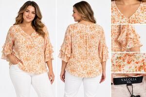 VALOLIA Blouse Womens XXL Orange Floral V Neck Ruffle Sleeve Tunic Top NWT